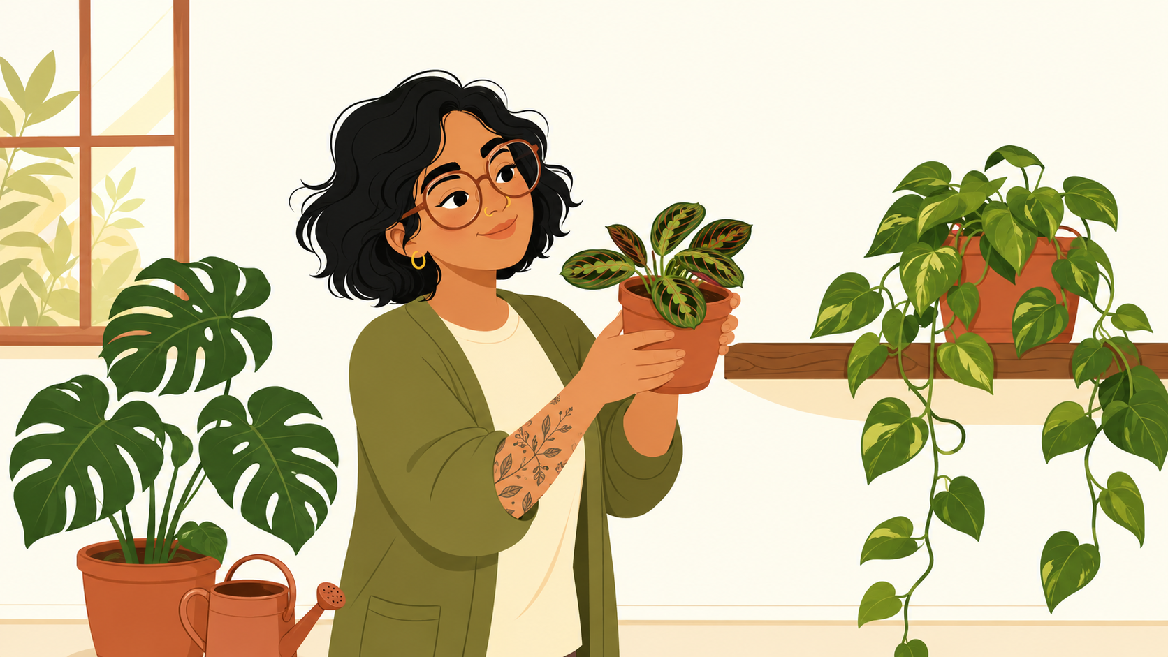 Ilustración de Madame Potes cuidando las plantas y reorganizando un rincón de su hogar